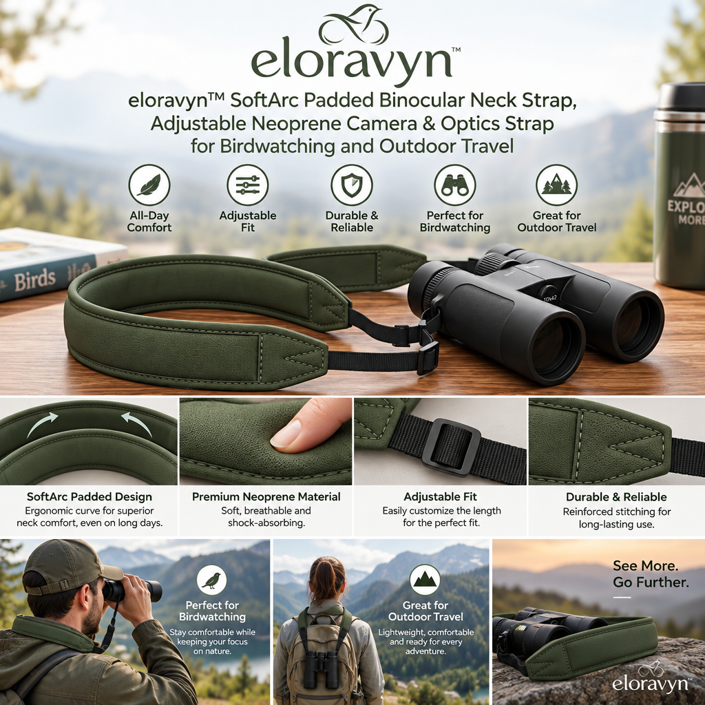 eloravyn™ SoftArc Padded Binocular Neck Strap, Adjustable Neoprene Camera & Optics Strap for Birdwatching and Outdoor Travel